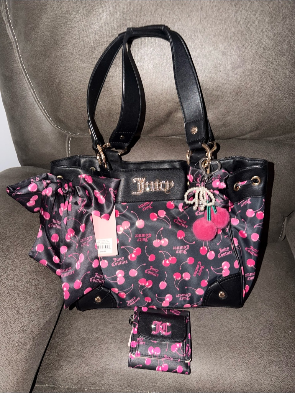 Juicy Couture Black Tote with Pink Cherry Print and Bow Accent